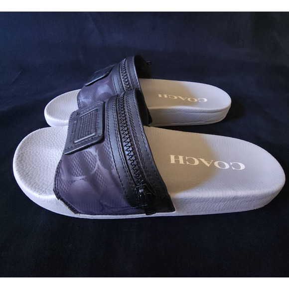 Coach Brand Mens Pool Slide Slippers Signature Pocket Black Gray Size 8 Slides - Picture 1 of 9